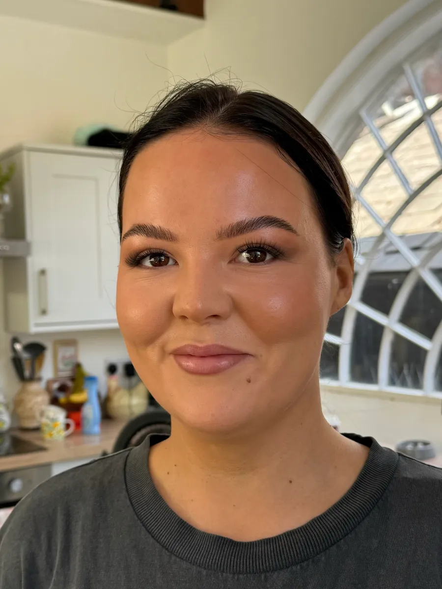Close-up of soft glam makeup by Lucy Mae