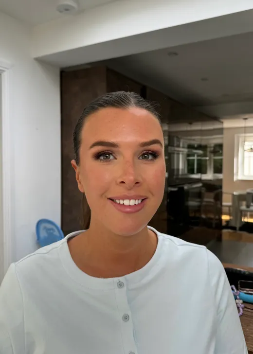 Close-up of soft glam bridal makeup by Lucy Mae