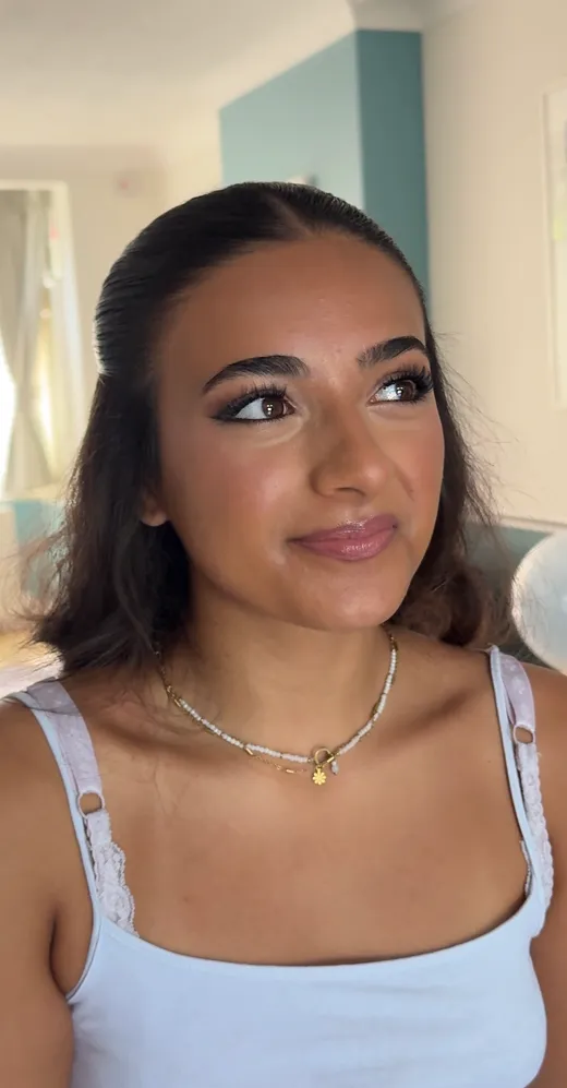 Close-up of soft glam bridal makeup by Lucy Mae