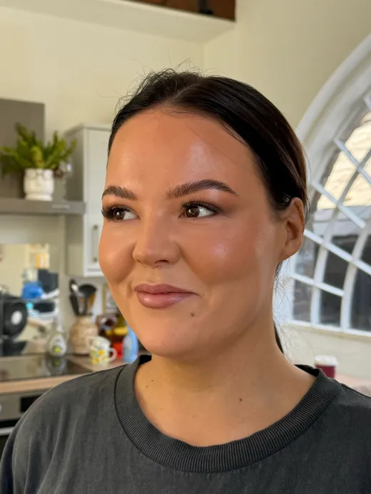 Close-up of soft glam bridal makeup by Lucy Mae
